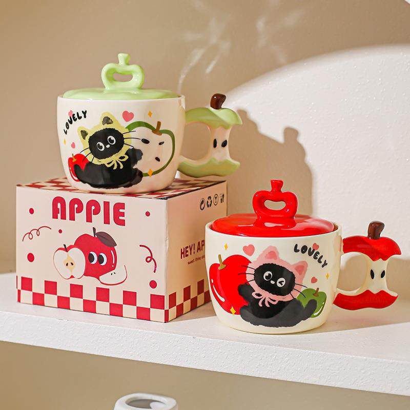 创意苹果猫咪马克杯带盖高颜值情侣陶瓷杯伴手礼杯子送闺蜜早餐杯,餐饮具,马克杯,淘宝优惠券,粉丝福利购,淘宝优惠卷