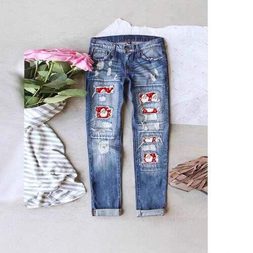 Christmas Santa Distressed Jeans Women Blue Waist Cuffed