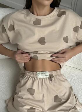 欧美wildberries跨境睡衣爱心短袖短裤可外穿女士家居服两件套装