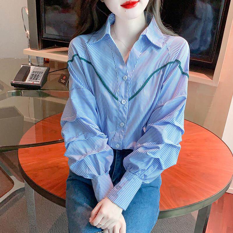 欧洲站洋气条纹长袖衬衫女2025新款春秋季韩系简约百搭休闲衬衣潮