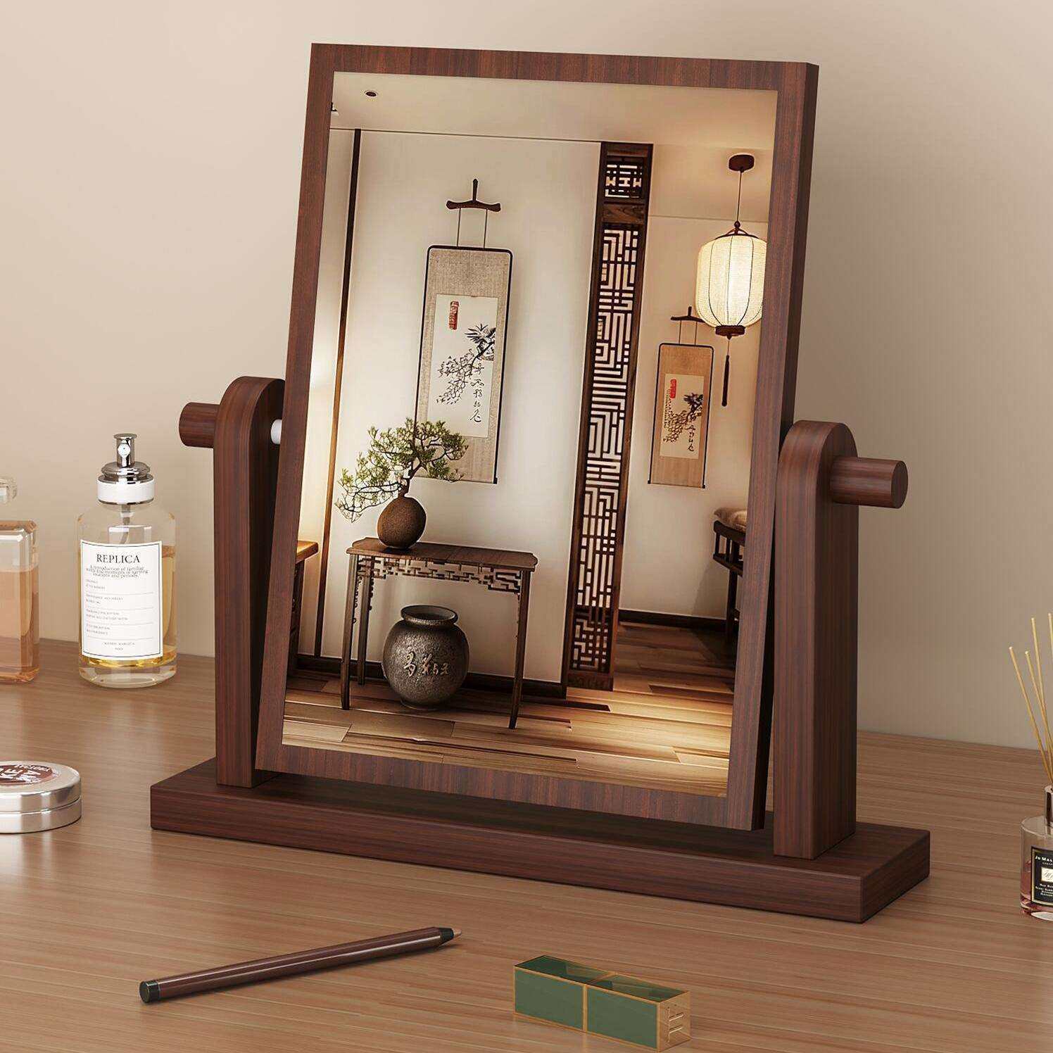 家用桌面简约化妆镜宿舍实木可折叠大号梳妆镜高清台式便携镜子