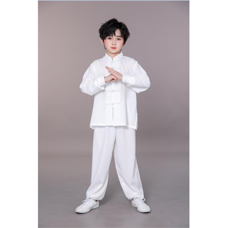 高档儿童棉麻太极服粉色生演服秋季练长短袖功夫服男出女武术表功
