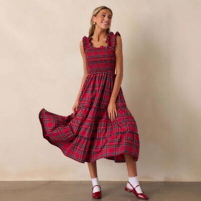 Women Sleeveless Dress Summer Casual Plaid Print Ruffled A-L