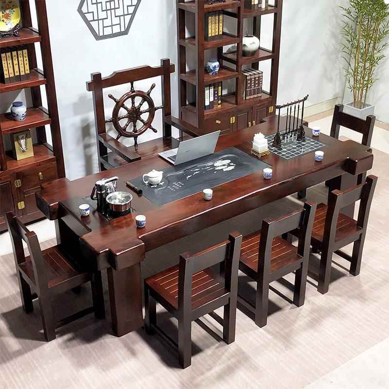需定制老船木茶桌椅组合一桌五椅实木办公室泡茶台功夫茶具套组桌