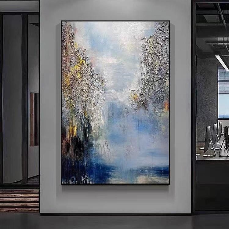纯手绘抽象肌理装饰画现代简约客厅玄关挂画浅蓝色调高档落地油画