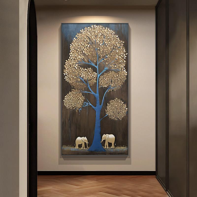 金钱树入口装饰画吉祥象如意走廊走廊挂画轻奢高端入口门到门壁画