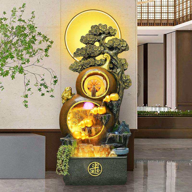 五福临门假山流水招财摆件电视柜喷泉水景观客厅中式葫芦孔雀装饰