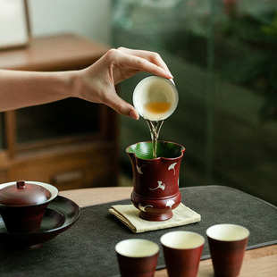 昌朴居粉引胭脂红银杏建水陶瓷茶洗茶渣缸小号水盂家用六君子茶道