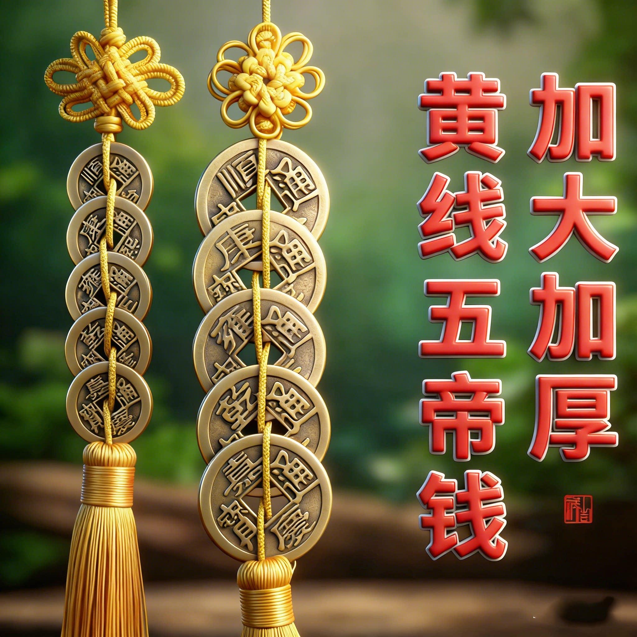 五帝钱黄线挂件黄绳子九串五吊钱白玉葫芦吉祥结加厚入户门纯黄铜