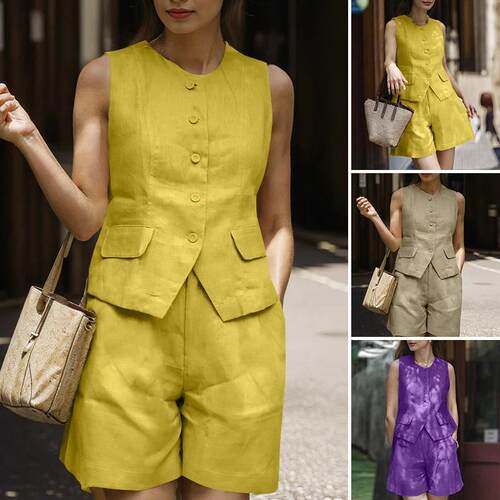 Sleeveless vest set for women's office short set, pocket