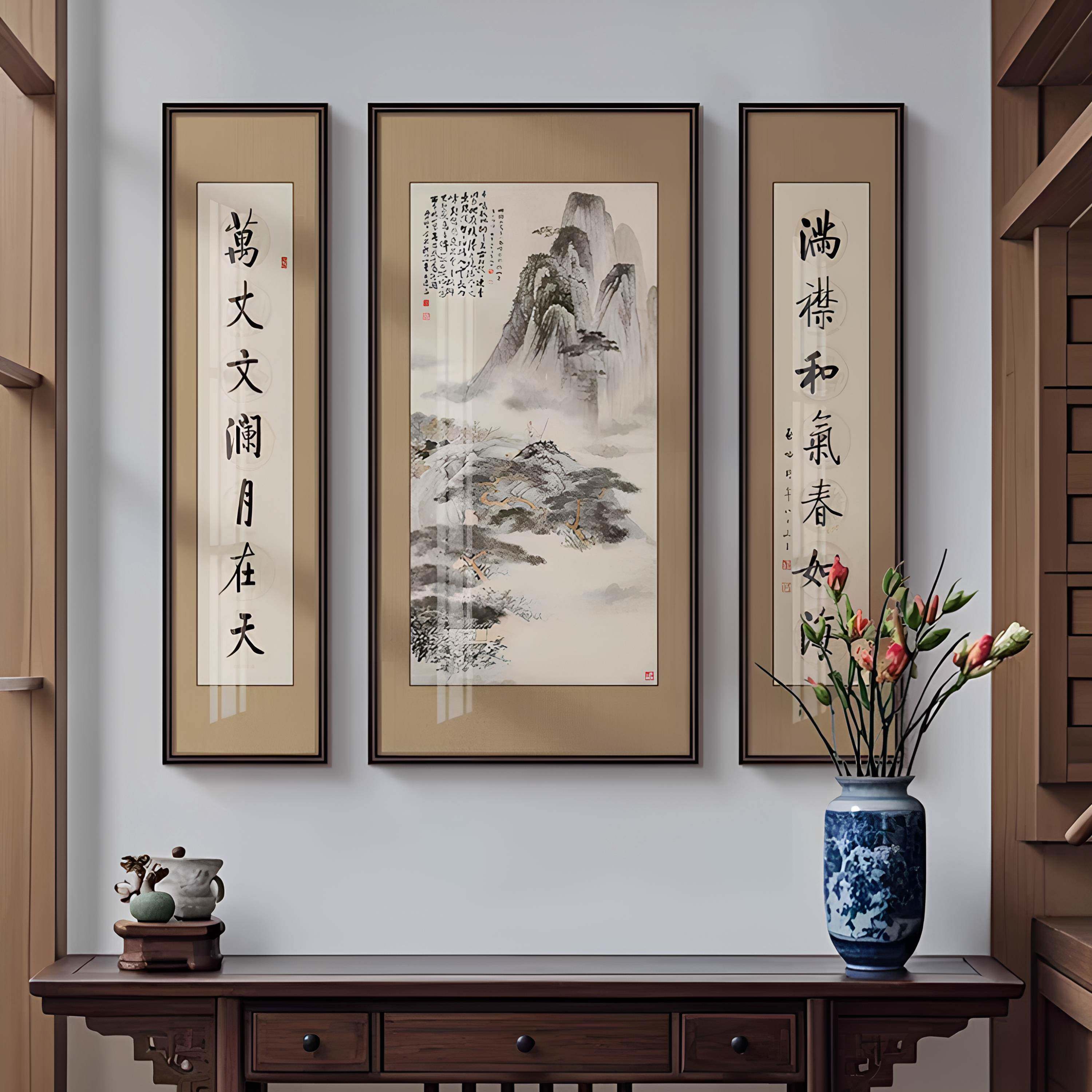 新中式张大千山水中堂画农村堂屋客厅装饰画别墅靠山大堂三联墙画