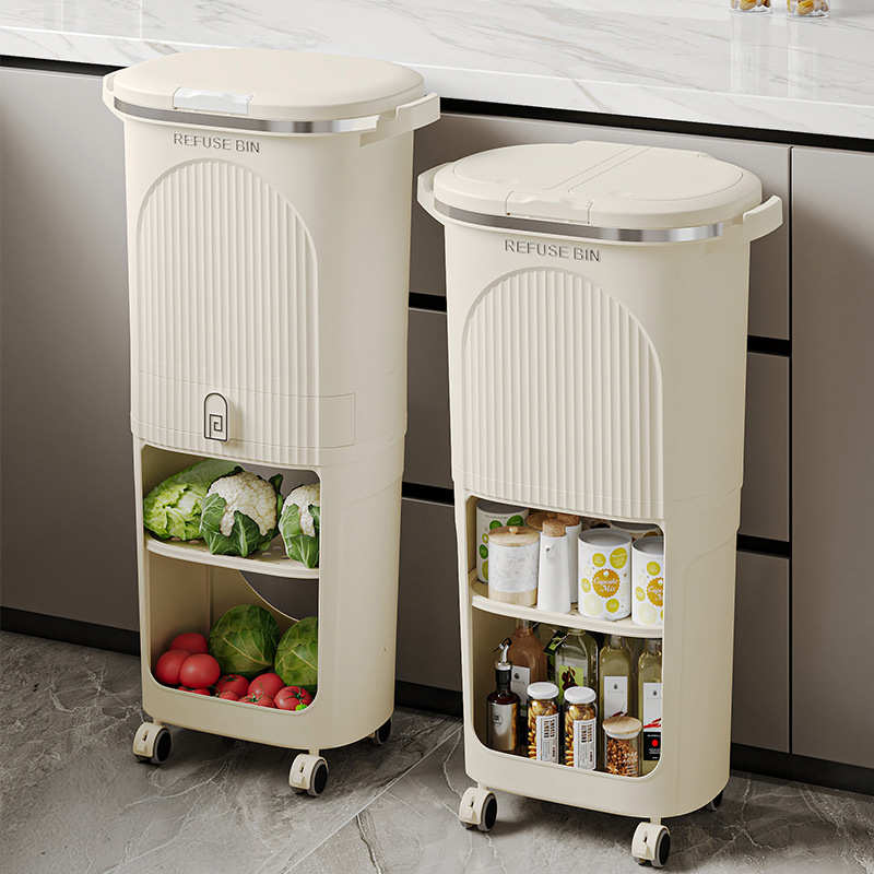 置物架垃圾桶厨房双桶收纳桶果蔬干湿分离防臭按压开盖带轮垃圾桶