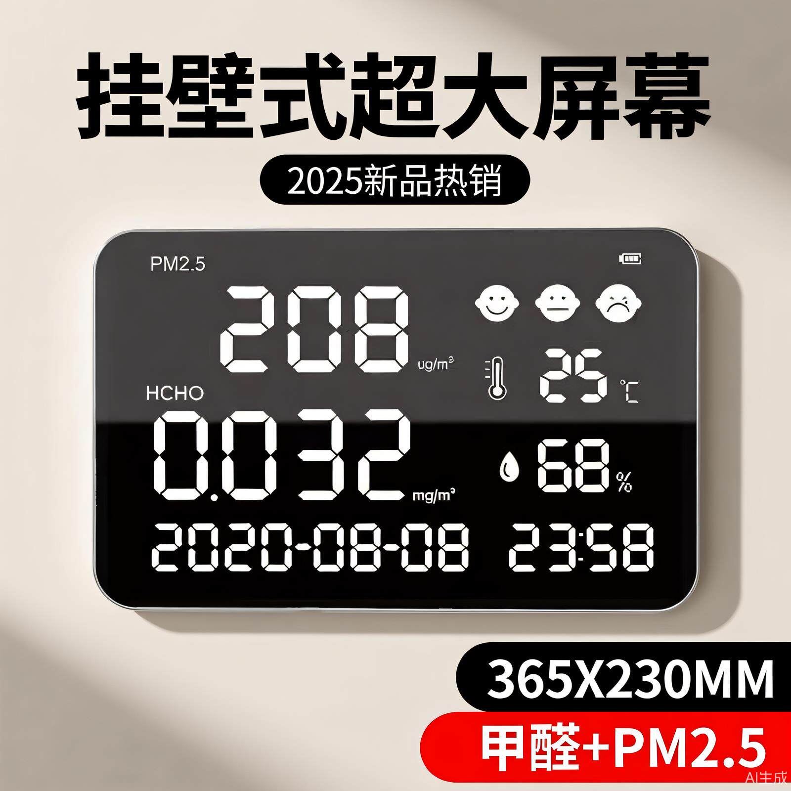 新款壁挂式超大屏甲醛HCHO粉尘PM2.5浓度温湿度计空气质量检测仪
