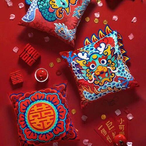 Joy Chinese Traditional Lucky Fish Embroidery Cushion Chic