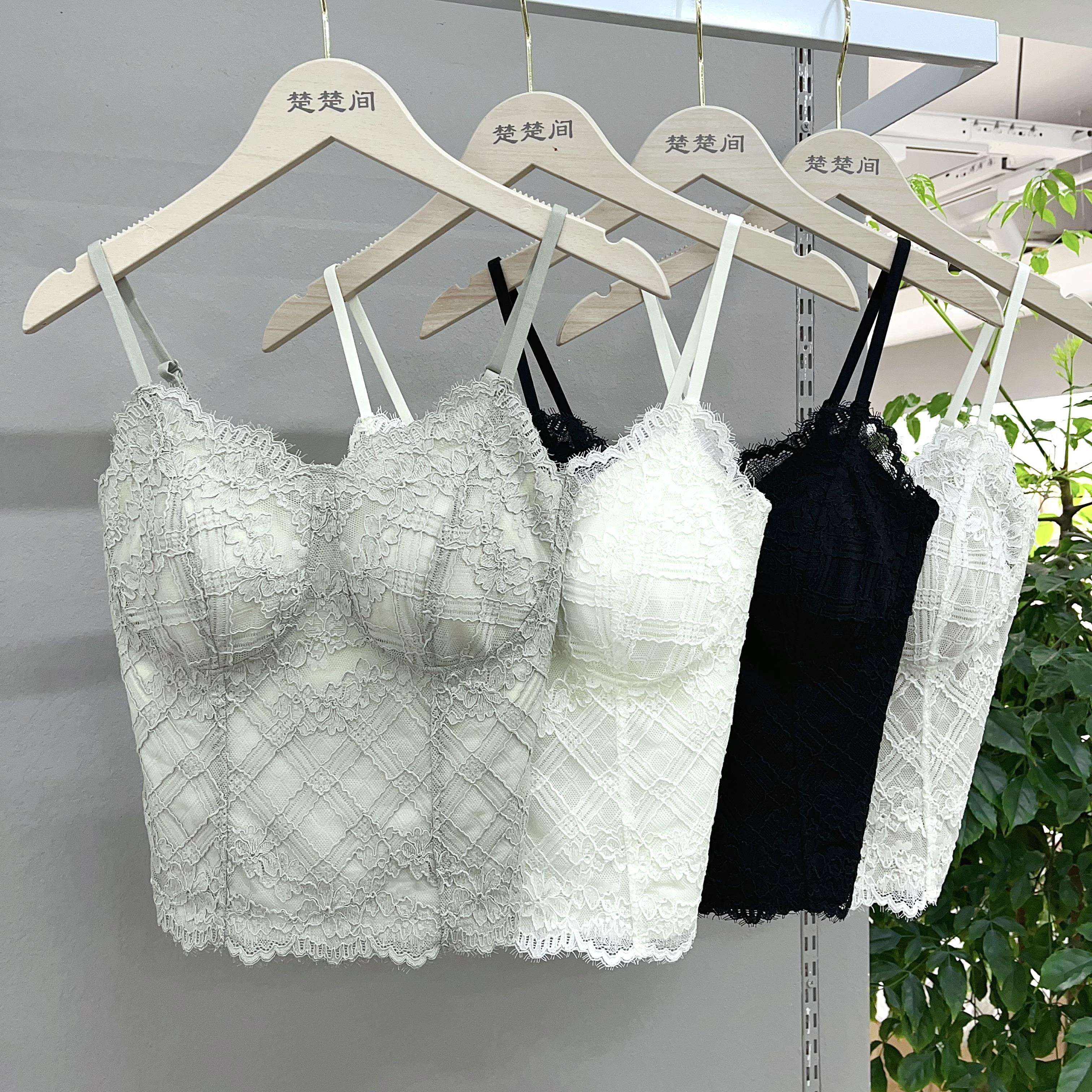 新款6112蕾丝吊带背心女士内搭带胸垫美背文胸一体春夏法式打底衫