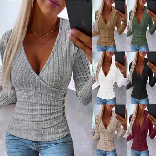 Long Sleeve Shirts For Women Deep V Neck Ribbed Knit Slim