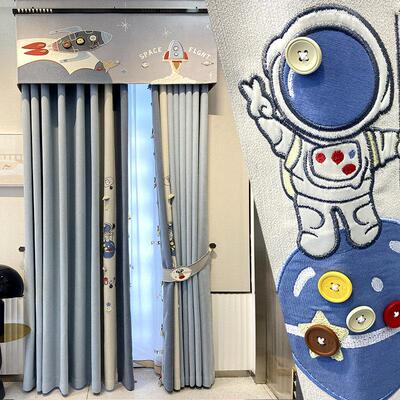 儿童房窗帘男孩蓝色2025年新款卧室火箭宇宙员飘窗帘遮光波克探索