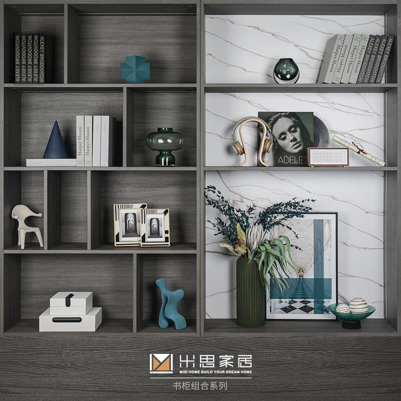 现代简约样板间客厅书柜摆件北欧软书房装饰品组合挂画仿真花相框