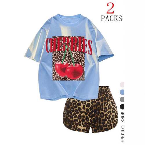 Women's Cherries Print Short Sleeve T-shirt & Leopard Print