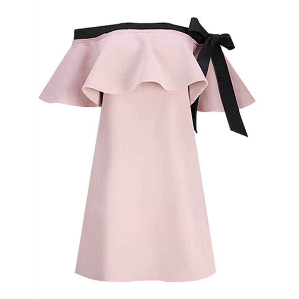 2020夏装新款女粉色一字领露肩连衣裙荷叶边礼服时尚裙子