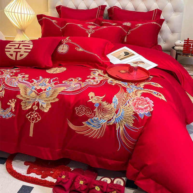 中式龙凤刺绣结婚四件套红色婚庆六件套备婚床单被套喜被床上用品,床上用品,婚庆床品套件,淘宝优惠券,粉丝福利购,淘宝优惠卷