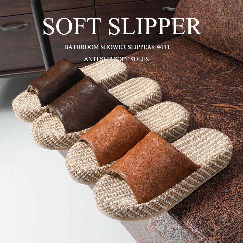 夏季男士亚麻凉拖鞋办公室不脚臭高级感皮拖鞋四季家居室内厚底女