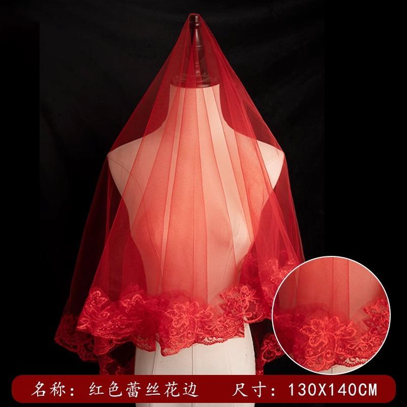 红色中国风结婚新娘红盖头半透明头纱秀禾服喜帕中式婚礼头纱头饰