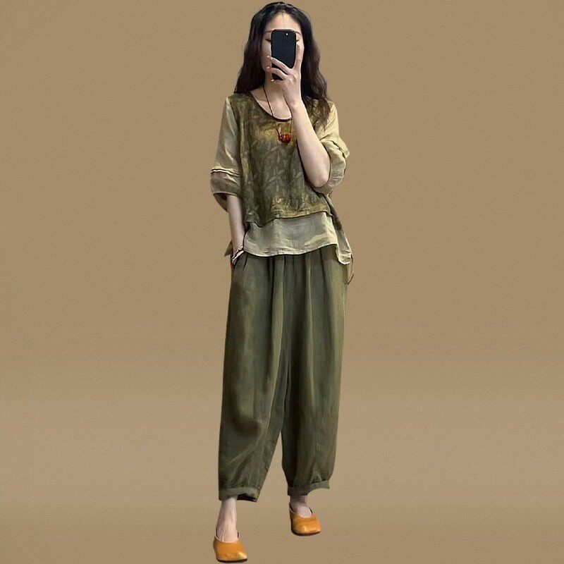 棉麻套装女夏欧货印花拼接假两件泡泡袖上衣九分哈伦裤胖mm两件套