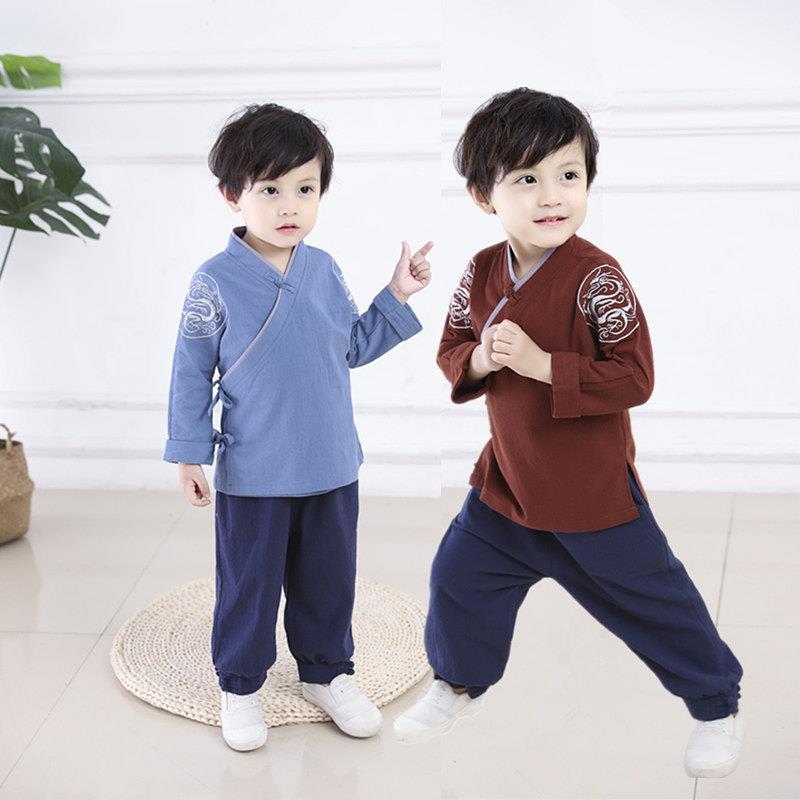 春秋儿童中国风古装汉服宝宝棉麻材质绣龙服装国学班书童中性套装