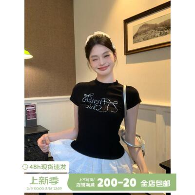 宋正恩蝴蝶结烫钻花边黑色短袖t恤女夏季修身显瘦正肩短款上衣潮