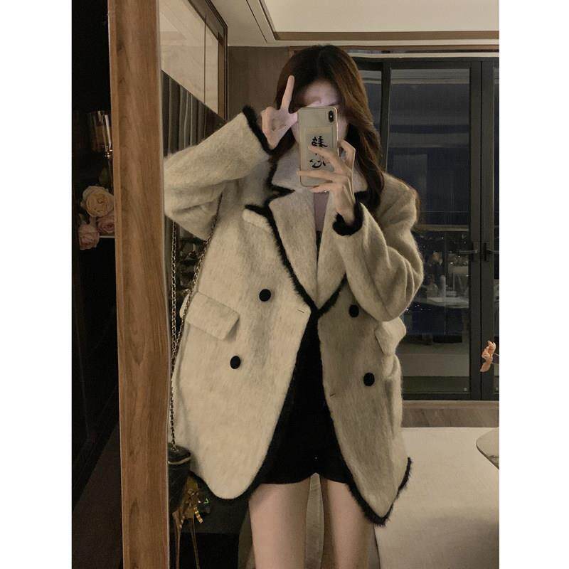 韩国2025冬新款小香风条纹仿水貂绒毛毛西装外套女加厚呢子大衣潮
