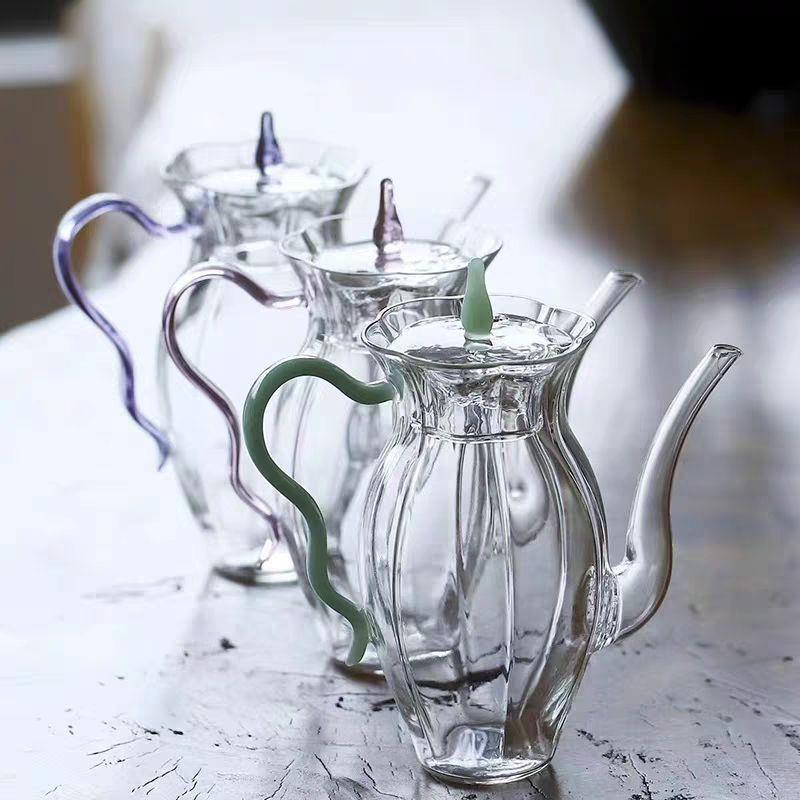 高颜值玻璃水仙壶高硼硅过滤绿茶壶仿宋执壶花茶壶家用透明泡茶壶