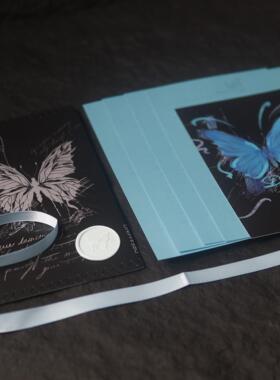 白日梦蓝｜ 椒叔叔yk2蓝黑色蝴蝶手写信手工信封信纸套装告白情书