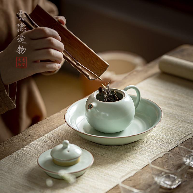 天青汝窑葵口壶承盖置套组汝瓷干泡盘壶托茶具配件家用陶瓷茶壶垫
