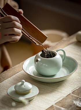 天青汝窑葵口壶承盖置套组汝瓷干泡盘壶托茶具配件家用陶瓷茶壶垫