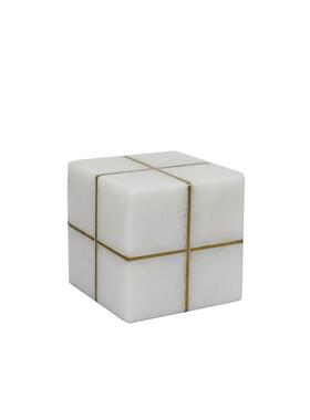 现代简约几何形白色大理石嵌铜条方块书档镇纸饰品摆件