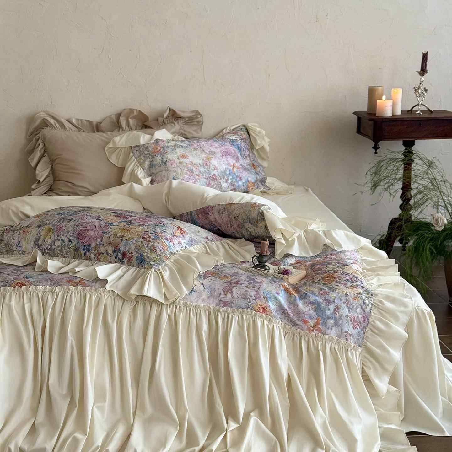 法式50支双股贡缎全棉花边床裙款四件套少女心高级复古花卉床品