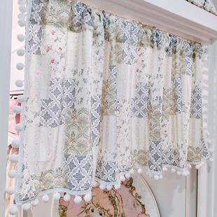 ins风棉质透气半截窗帘阳台免钉伸缩杆厨房窗户碎花遮挡帘不透人