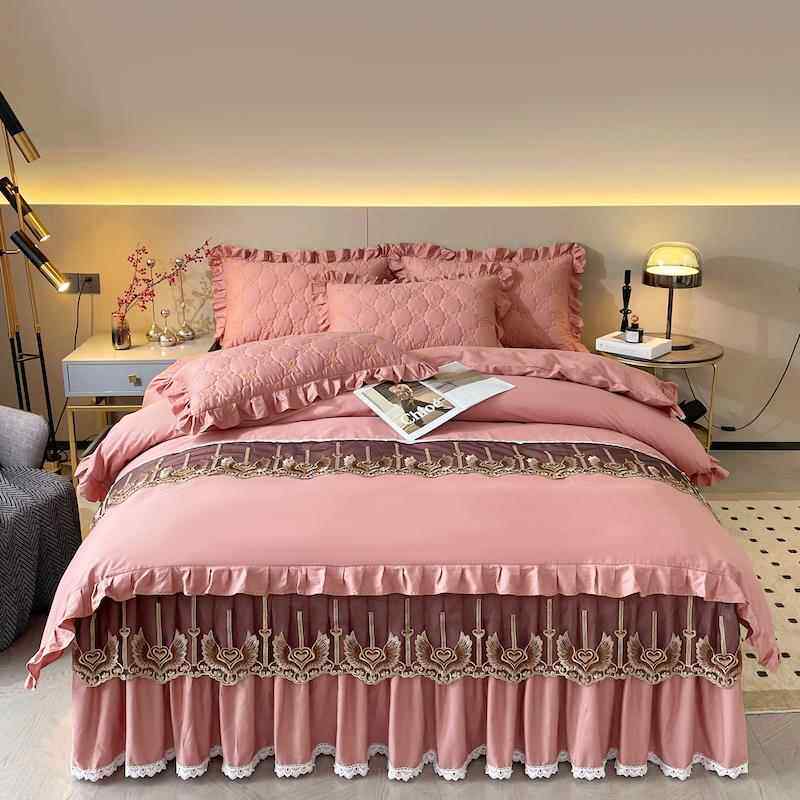 高档四纯棉加厚被套人件套床裙款夹棉1.8公主风蕾丝双床2.0罩床单