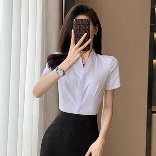 空姐短袖白衬衫女夏季新款修身衬衣V领上衣职业套装空乘工装制服