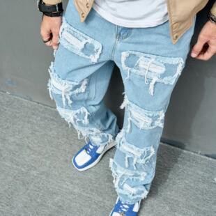 Baggy Distressed Denim Jeans For Men, Vintage Washed Blue