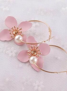 Elegant Fresh All-match Sweet Pink Paint Flower Ear Ring Wom