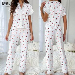 Women's sleepwear with collar and lace cherry print shirt,