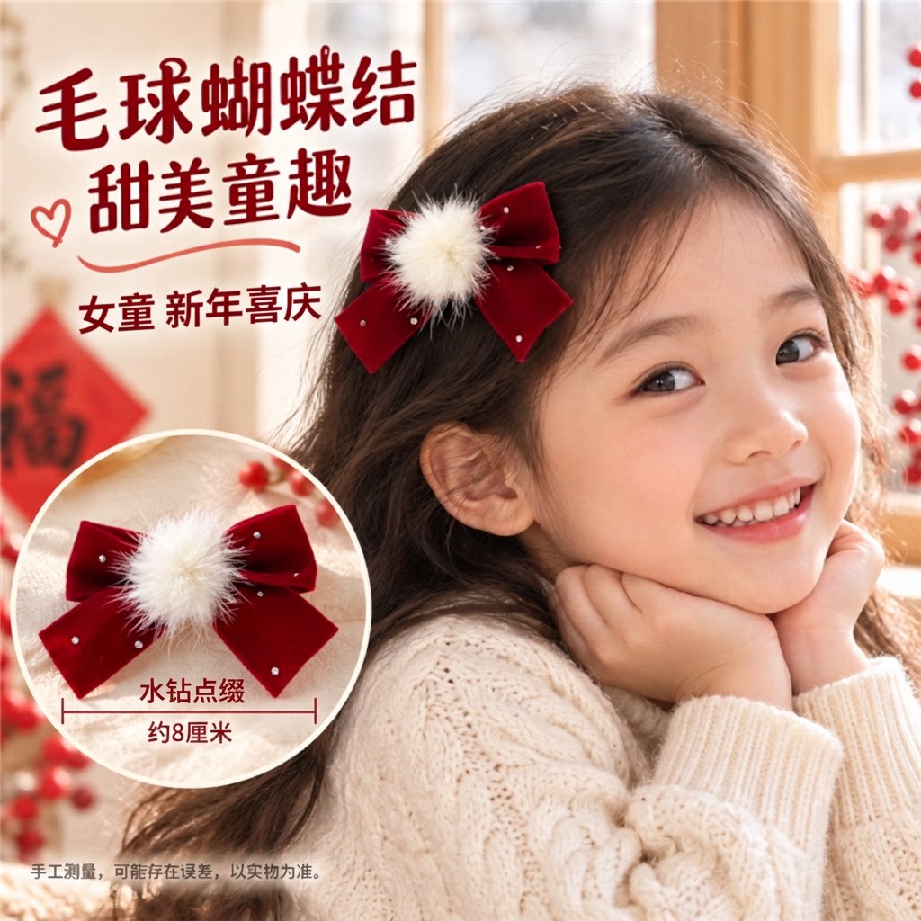 甜美童趣红色毛球蝴蝶结发夹领结水钻点缀儿童女童新年喜庆头饰