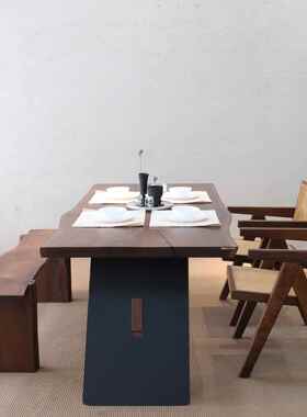 美拉德餐北美黑桃木大板桌ODS椅中古胡原木实胡桃木茶桌长凳