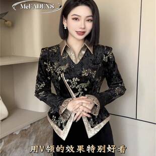 香港冬款新中式加绒套装裙国风提花衬衫领假两件上衣半身裙两件套