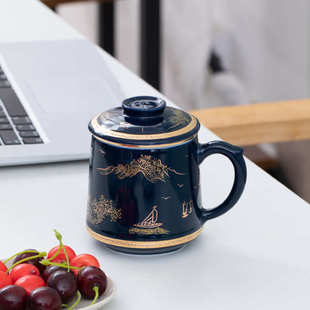 高档霁蓝描金茶杯泡茶杯家用陶瓷杯办公室杯公司活动纪念礼品杯
