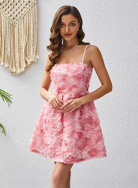 Three dimensional rose suspender strap dress dress for