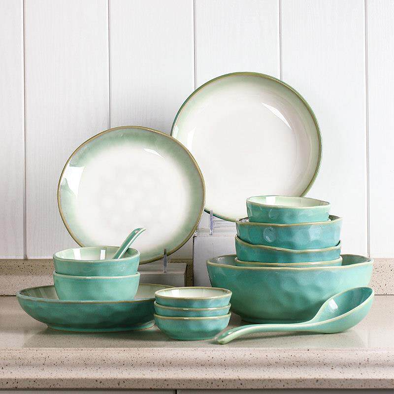 中式碗碟套装家用简约4/10人碗盘筷组合饭碗汤碗菜盘高淳陶瓷餐具