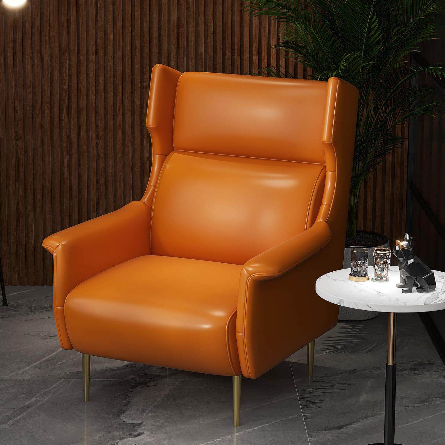 橙色真皮单人沙发轻奢现代简约家用客厅书房阳台卧室可旋转休闲